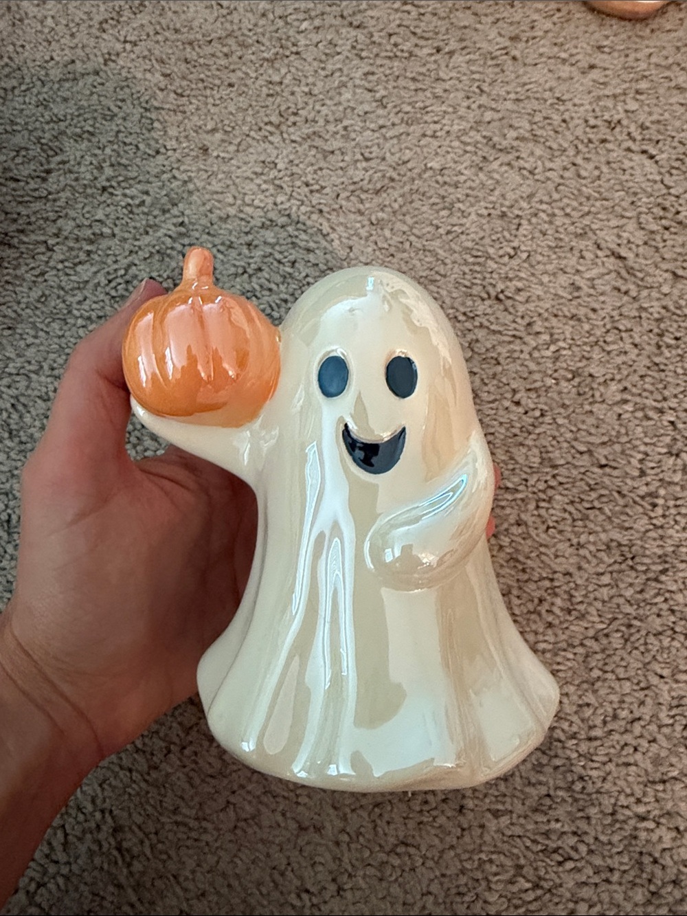 Ghost Figurine Holding Pumpkin - Cream & Orange